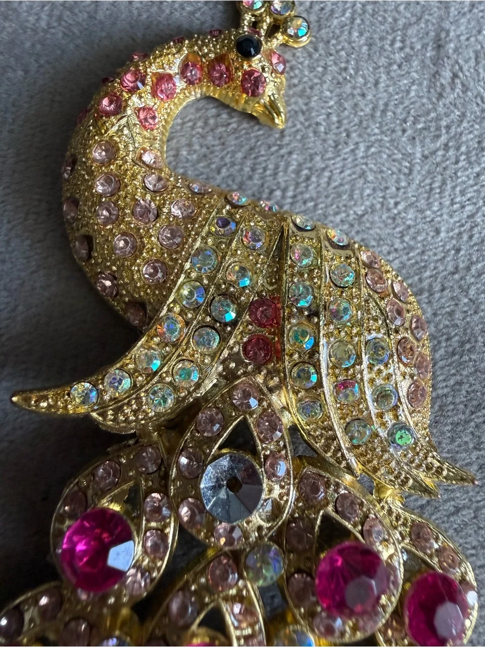 Gold-Tone Peacock Brooch with Fuchsia and Aurora Rhinestones